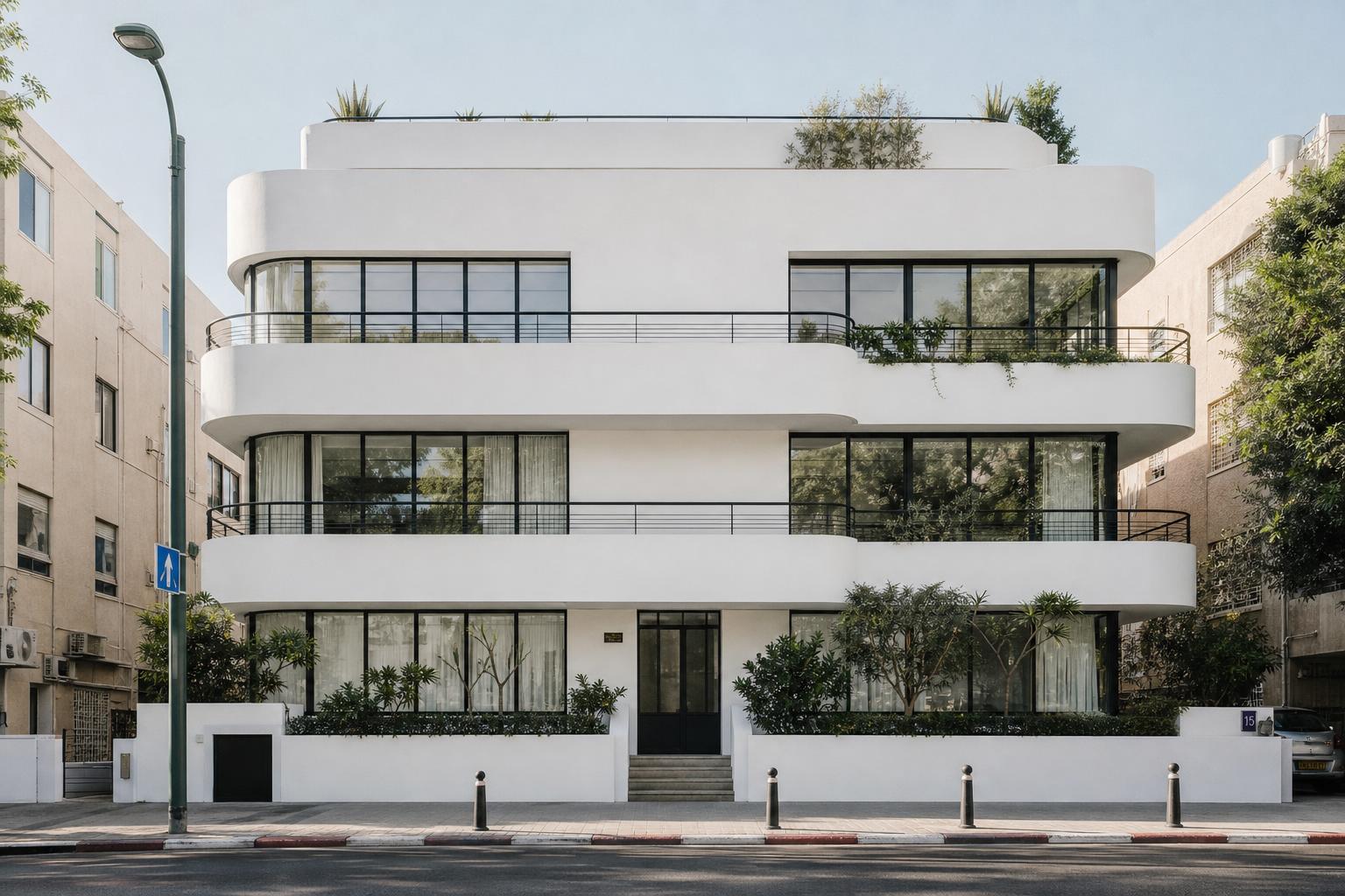 The same Bauhaus-style Tel Aviv building after a careful restoration