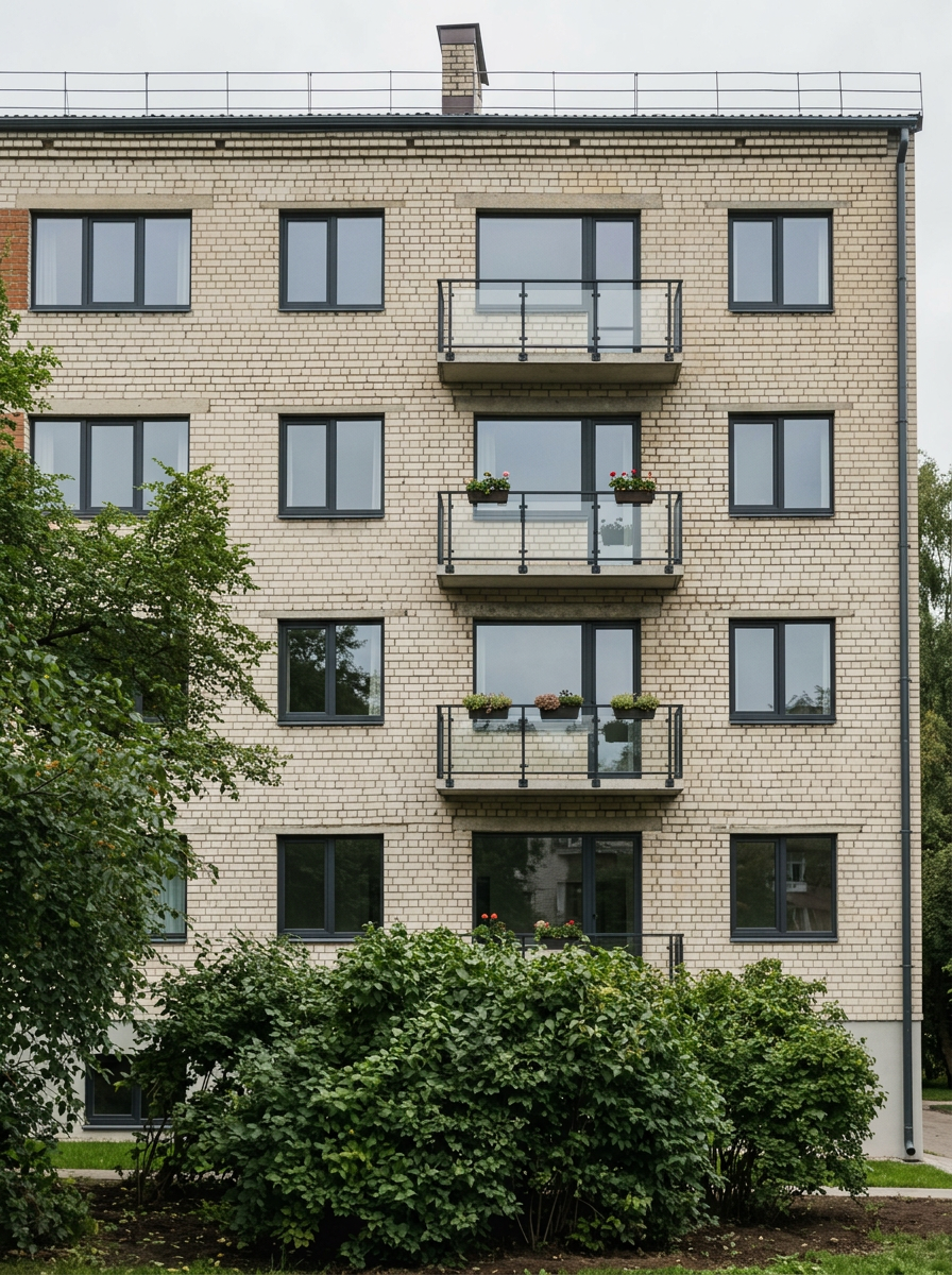 The same cream-brick apartment building after a modern value-add renovation