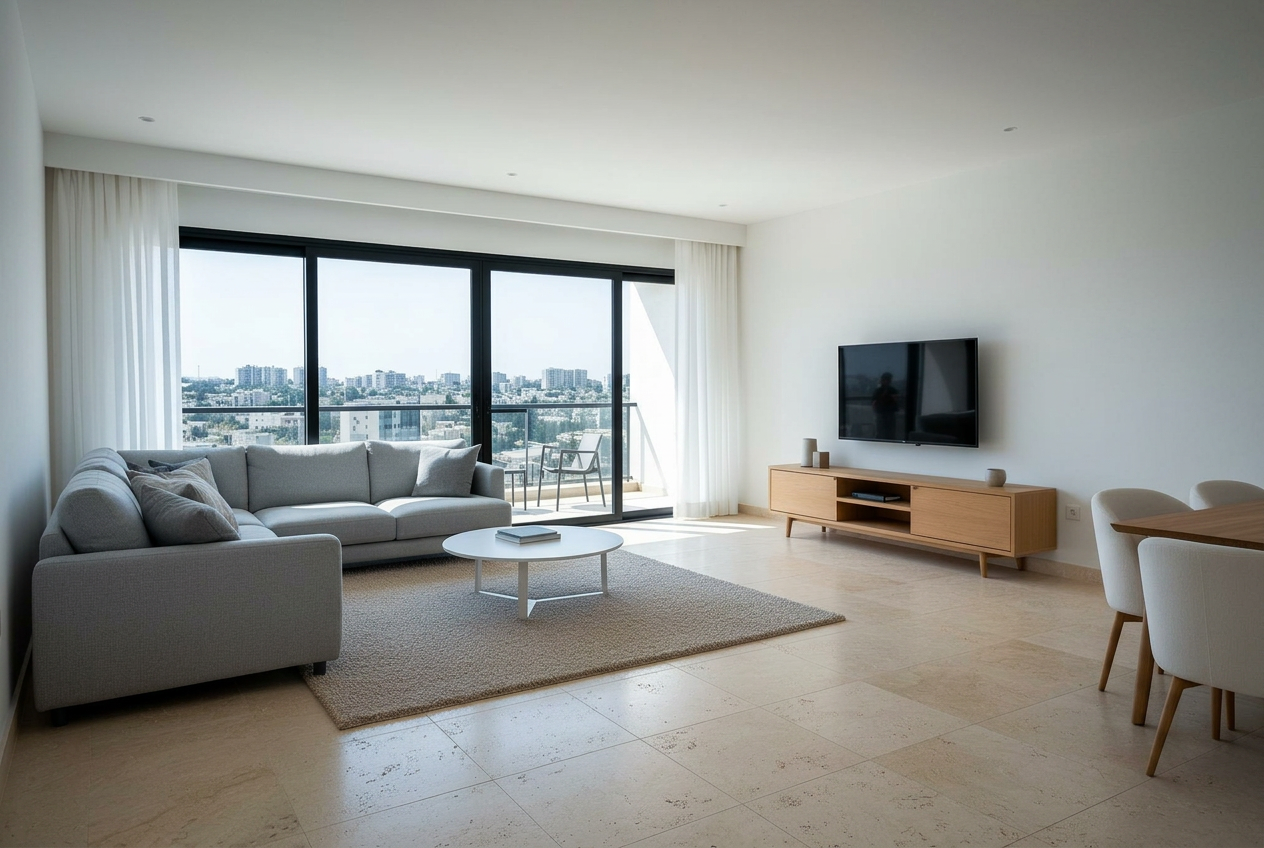 The same apartment interior after a warm, minimalist renovation